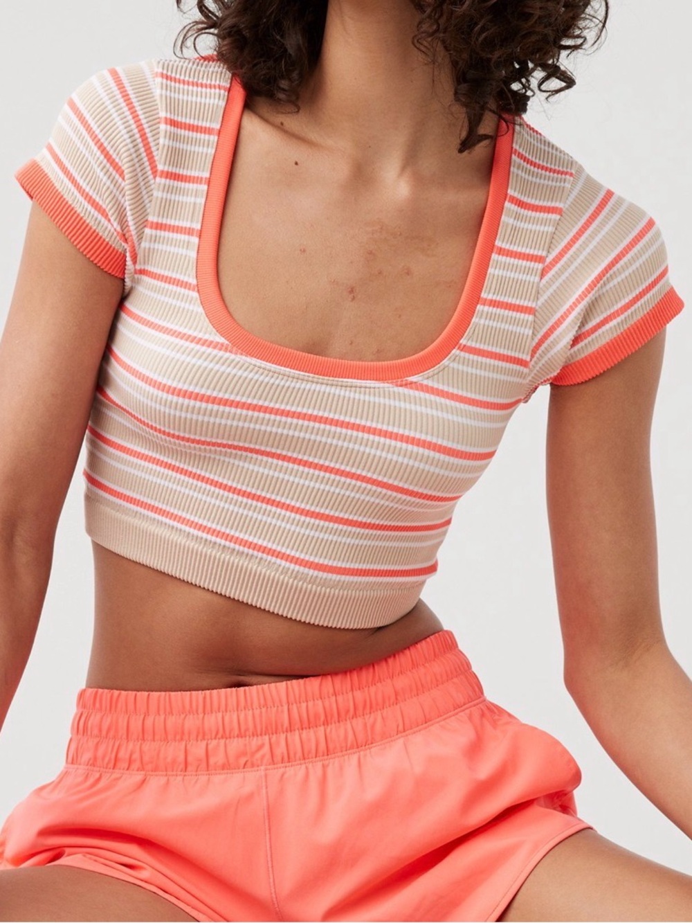 OFFLINE by Aerie Seamless Fitted Rib Scoop Retro Stripe Neon T-shirt size xl